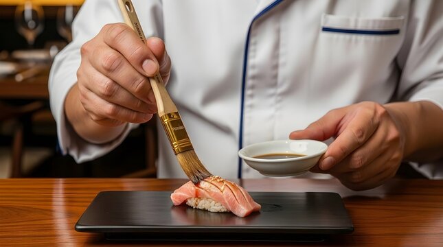 Japanese Chef Brushing Premium Otoro Sushi with Sauce in Elegant Restaurant Setting
