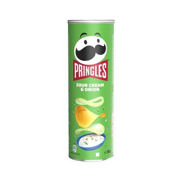 Malaga, Spain- March 7, 2026 - Pringles Cream and Onion Flavored Potato Chips Can
