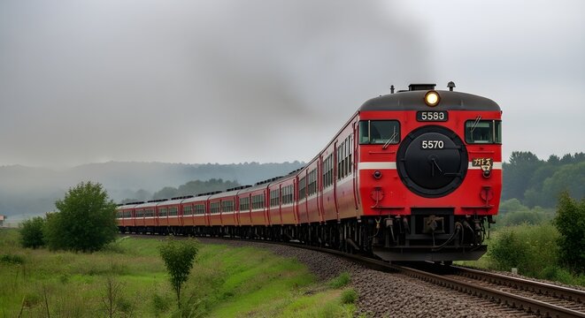 Striking red diesel passenger train leading a long curved line of coaches through lush green countryside on a cloudy day, powerful locomotive at the front capturing modern rail travel, motion and ener