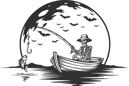 Halloween fishing skeleton spooky black and white illustration of skeleton fishing under full moon with bats