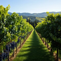 Obraz premium Vineyard Landscape in the Afternoon With Rows of Grapevines and Mountains in the Distance