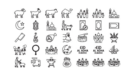Fototapeta premium Eid al-Adha Line Icon Set with Sacrifice Animals Prayer and Family