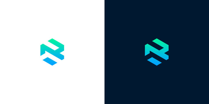 Modern geometric abstract logo design with gradient blue and green colors on white and dark blue backgrounds