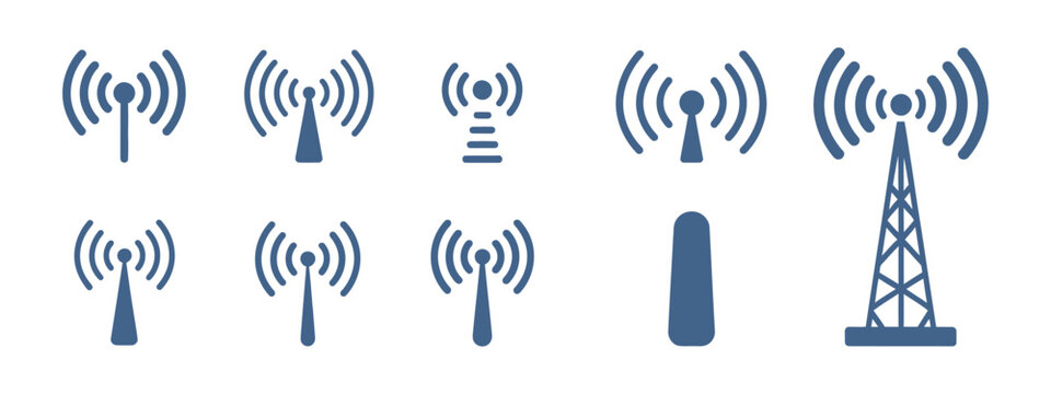 Wireless signal icon set, internet antenna tower symbols, network connectivity and communication signal strength indicators, technology vector illustration.