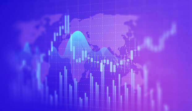 Market Trends Visualized: An abstract representation of market fluctuations and global economic activity, featuring vibrant graphical data overlays against the backdrop of a world map. 
