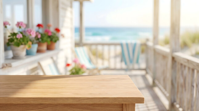 Empty wooden tabletop mockup on sunny beach house porch for product display presentation summer background.