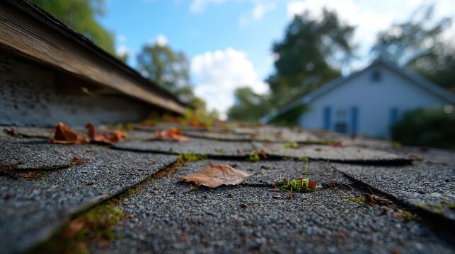 Aged roof texture on a residential house with moss patches and leaf litter
