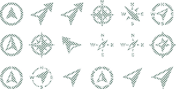 Minimalist navigation vector icon set, modern compass and arrow symbols, directional map elements, location and travel graphics for digital interfaces isolated on White Background