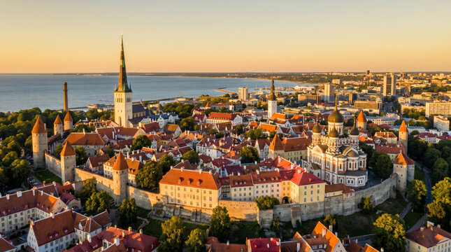 Panoramic aerial view of the historic Tallinn Old Town in Estonia at sunset with the Baltic Sea in the background.