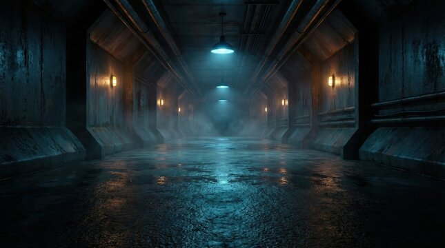 Dark and atmospheric sci-fi industrial tunnel with glowing lights and misty floor in a futuristic underground bunker.