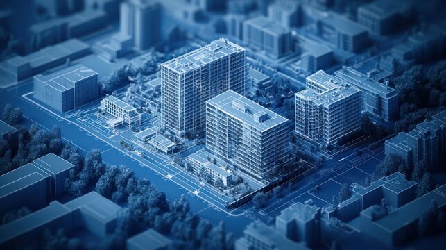Cityscape model, aerial view, urban buildings, digital rendering, architecture visualization