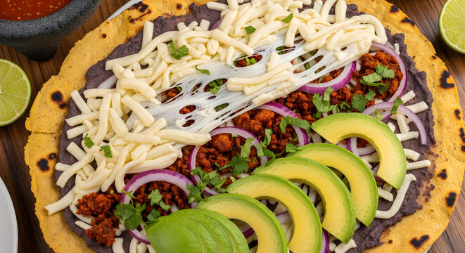 Close-up of a Tlayuda, a large Mexican corn tortilla topped with beans, meat, cheese, and avocado.