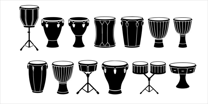 Black silhouette snare drum and drummer musician illustration set with drumsticks isolated on light background for music, marching band, percussion and performance concepts