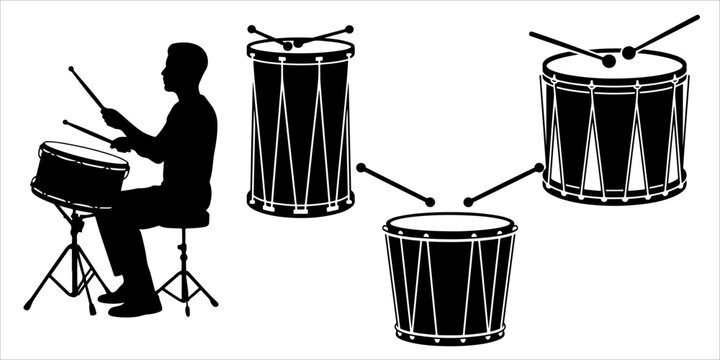 Black silhouette snare drum and drummer musician illustration set with drumsticks isolated on light background for music, marching band, percussion and performance concepts