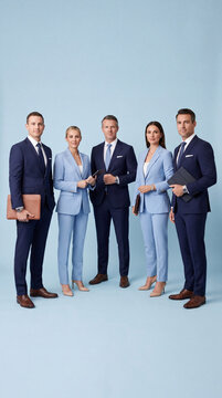 Stylish business executives standing together in blue corporate suits