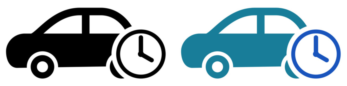 自動車時間アイコン 車と時計マークの予約・待機・遅延シンボル Car Time Icon Vehicle with Clock Symbol Schedule Delay Status Sign
