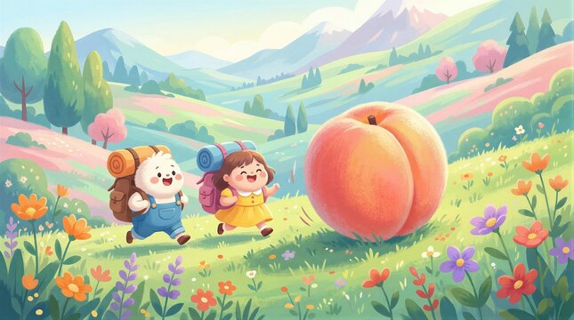 Happy child and cute forest creature with backpacks hiking in flower field towards giant peach. Summer vacation travel adventure illustration. Kids outdoor journey in nature landscape.