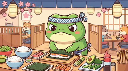 Obraz premium Frog Chef with Intense Focus Cooking Sushi in Professional Japanese Kitchen Illustration