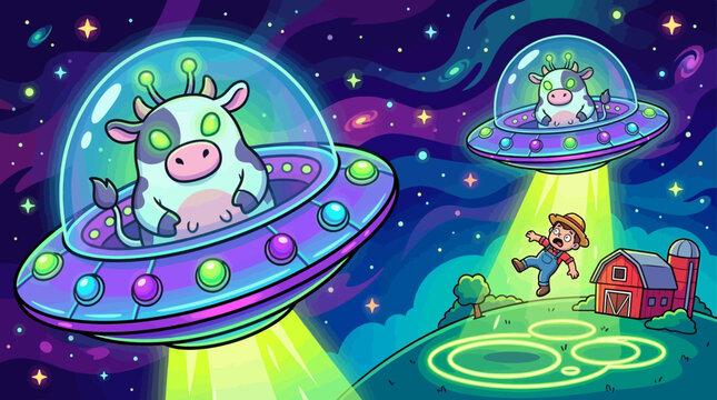 Funny Sci-Fi Cow Abduction Scene with UFO Kidnapping Humans in Cartoon Style