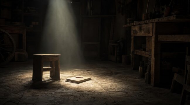 Wooden stool and scale illuminated by single light beam in dark workshop