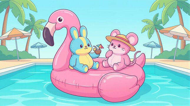 Cartoon rabbit and mouse sitting on pink flamingo inflatable ring in swimming pool. Cute animal characters enjoying summer vacation. Tropical resort vibe with palms and beverage.