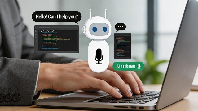 Developer programming with AI assistant robot overlay on laptop screen, illustrating software development automation and coding support tools for tech industry professionals.