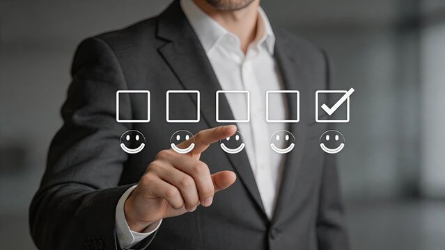 Man selecting positive smiley face checkbox on survey form representing customer satisfaction feedback and user experience evaluation for business service improvement and client