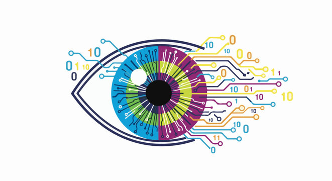 Futuristic eye with binary code connections and colorful circuits