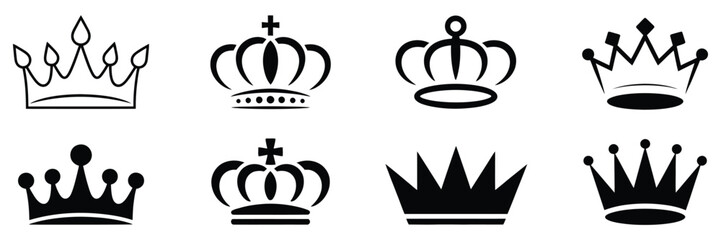 Collection of black crown icons featuring various royal designs including tiaras coronets and kingly headwear for luxury branding and heraldry. © ALBART