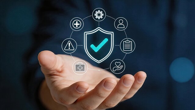 Businessman hand holding hologram shield with security icons, cyber protection concept, data privacy and digital safety technology illustration, futuristic interface for insurance