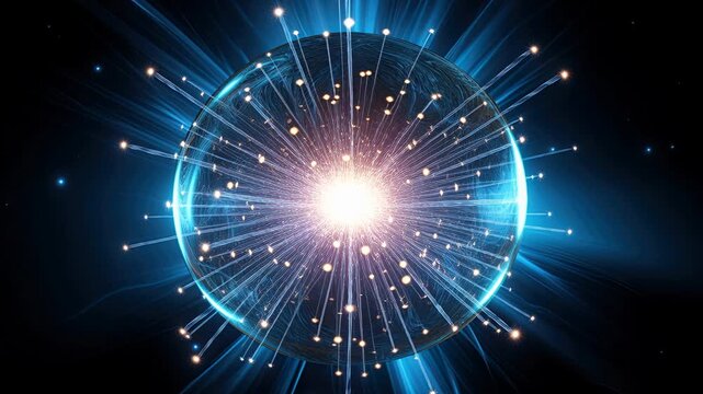 Glowing energy core encased in sphere, digital halo of blue particles and pulsing light, plasma branches radiating outward, orbital sparks tracing data paths,