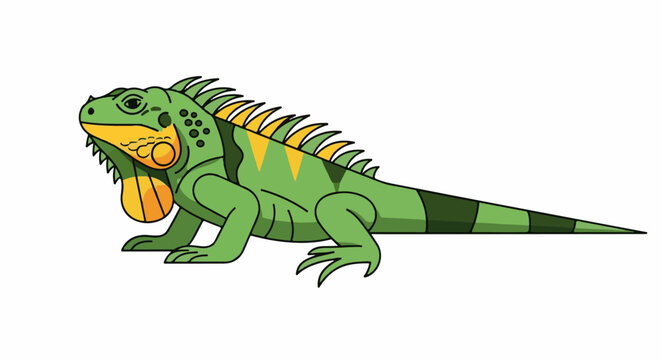 Green iguana with yellow markings on its crest and dewlap