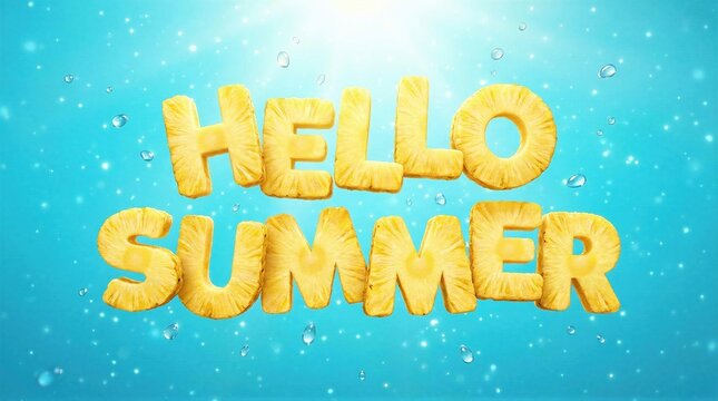Hello Summer text made from fresh pineapple slices floating in blue clear water. Tropical holiday vacation concept. Refreshing fruit drink background with bubbles and splash effect.