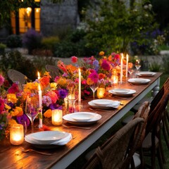 Obraz premium Elegant Outdoor Dinner Setup With Flowers and Candles in a Garden Setting at Dusk