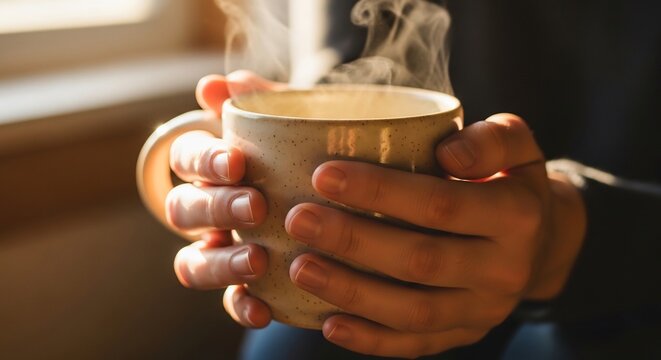 Close up of hands holding a steaming mug of hot beverage.