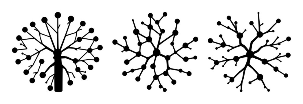 Neural network set with branching nodes displayed as solid black icons on white background featuring data visualization, computer science, tech illustration with vector graphics and line art