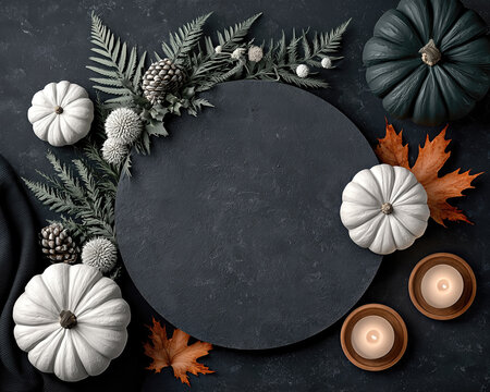 Autumn flat lay with white pumpkins, candles, and dry leaves around blank circular stone plate