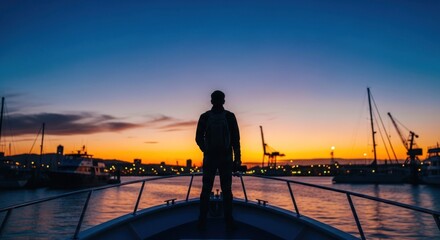 Fototapeta premium Man Standing on Boat Deck at Sunset Overlooking Harbor.