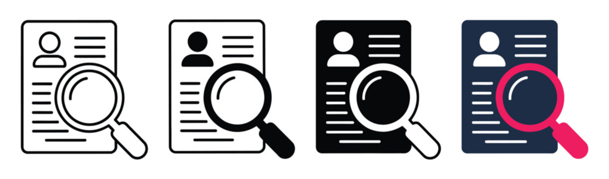 Resume screening icons with magnifying glass for recruitment, CV inspection and hiring process icons, talent acquisition symbol collection, human resources management graphics, minimal clean vector 