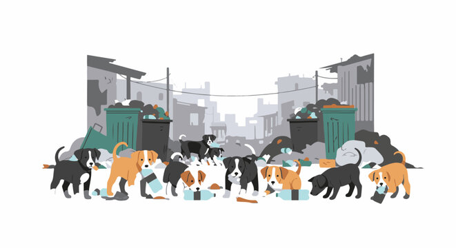 Homeless puppies scavenge for food amidst urban decay and overflowing trash bins