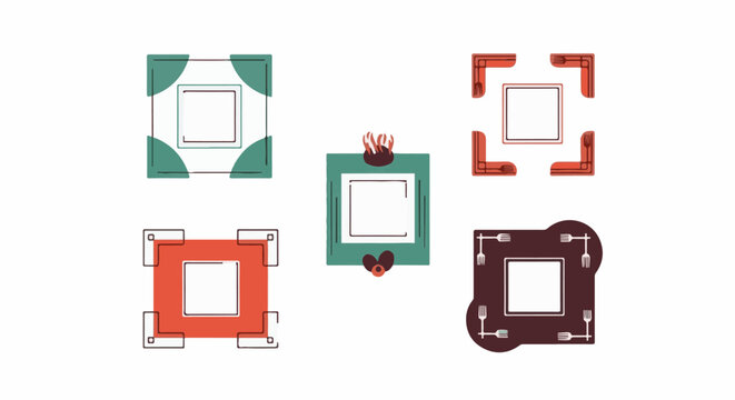 Five minimalist graphic frames with various decorative elements