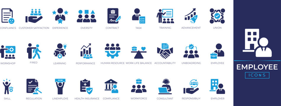 Employee icon set for contain industry, worker, staff, team, job, hiring, task, payroll, support, training, performance, contract icons collection. Vector illustration.
