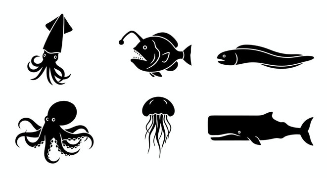 Set of black silhouettes representing various deep sea marine life including octopus jellyfish anglerfish squid eel and whale isolated on white background