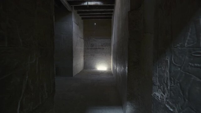 Corridor of Mereruka mastaba tomb at Saqqara, Egypt, with large painted red relief figure of tomb owner, smaller scene registers and dark doorway leading deeper inside.