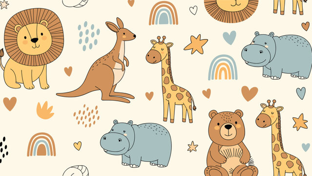 Cute jungle animal seamless pattern featuring lions giraffes hippos bears and kangaroos with rainbows and stars for children.