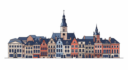 Obraz premium Flat illustration of a row of colorful historic buildings with a clock tower