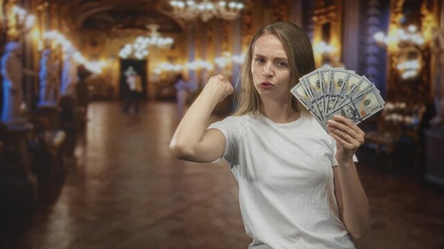 Woman blonde young holding a fan of dollars, hand on hip and pointing forward in building interior ornate hall; defiance wealth.