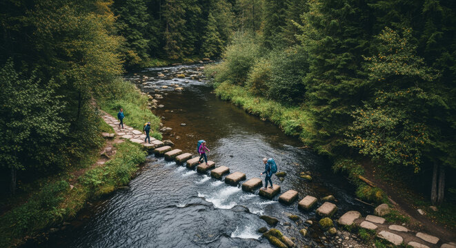 Hikers bravely crossing a flowing river on stepping stones in a lush green forest setting