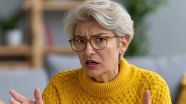 Confused grandmother with glasses expressing disbelief and frustration in a living room