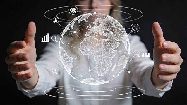 Woman hands framing a digital wireframe globe with network connections. Global business connectivity concept, international communication, world map with data nodes and social
